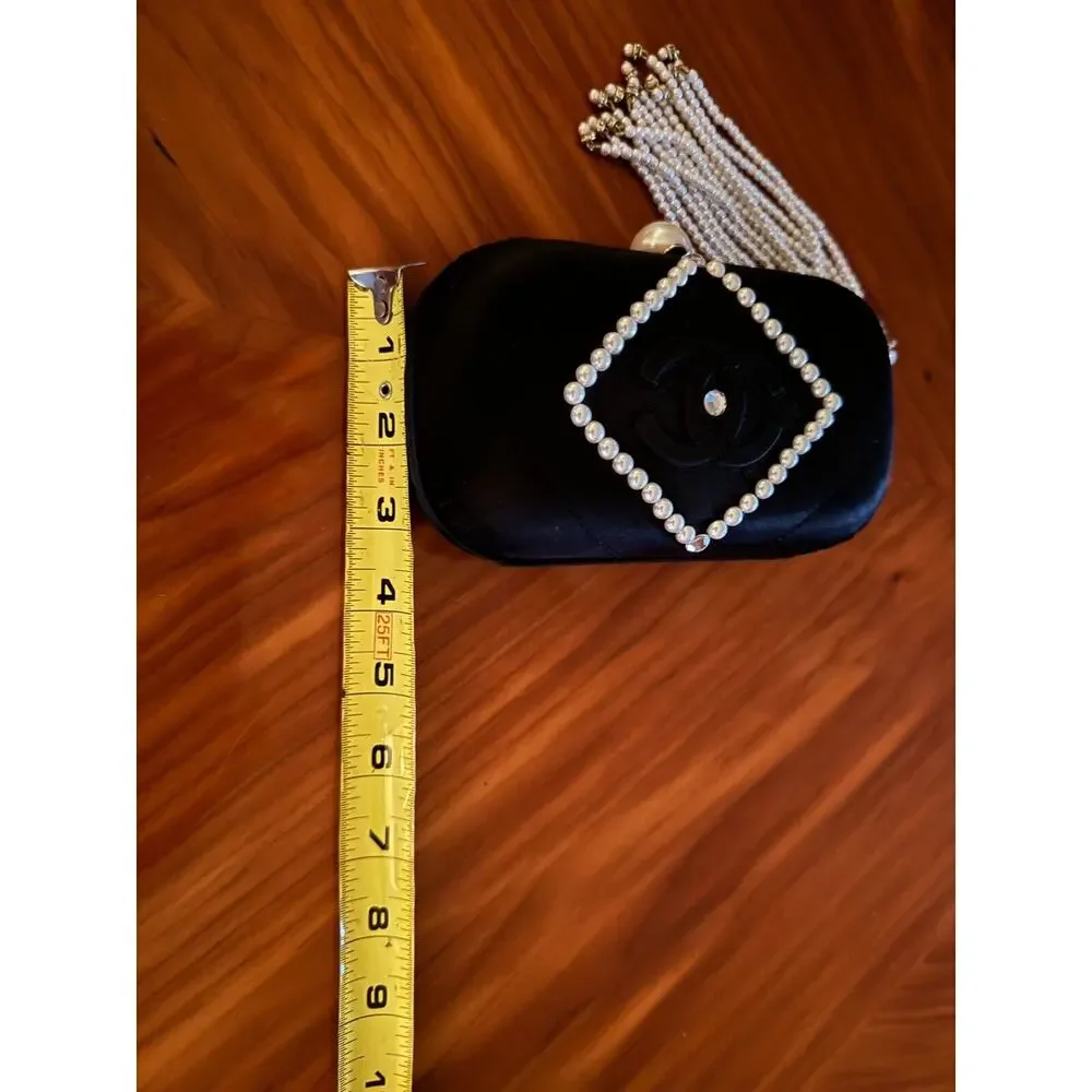 Chanel Vintage Women's Evening Purse Satin/Leather Pearl Embellished A+